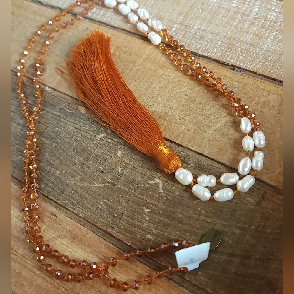 Zacasha Boho Faceted Crystal and Pearl Tassel Drop Necklace Burnt Orange
